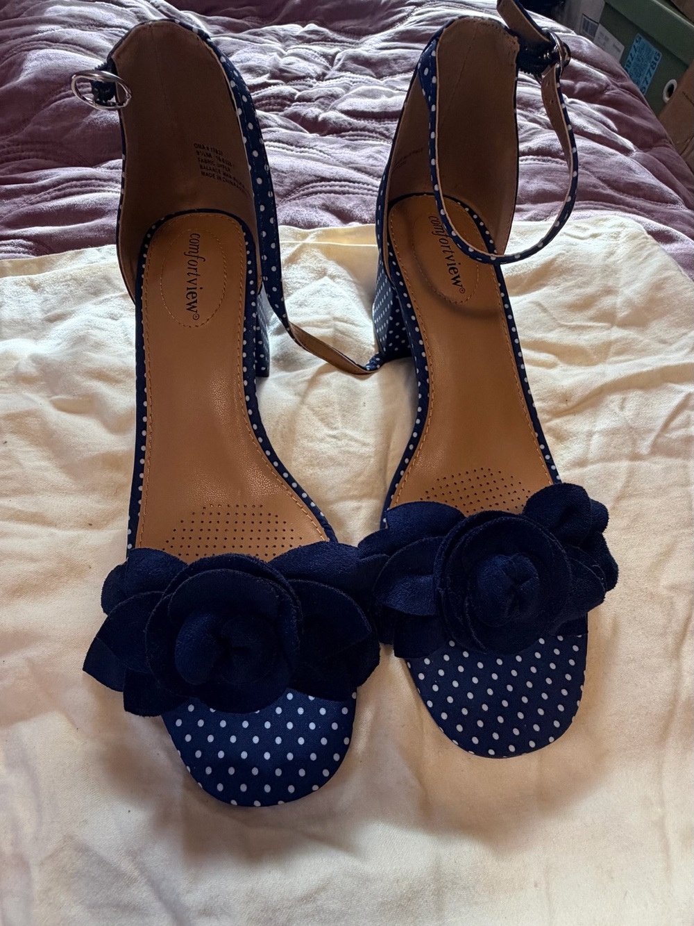 Navy Polka Dot Ankle-Strap Heels with Floral Accent